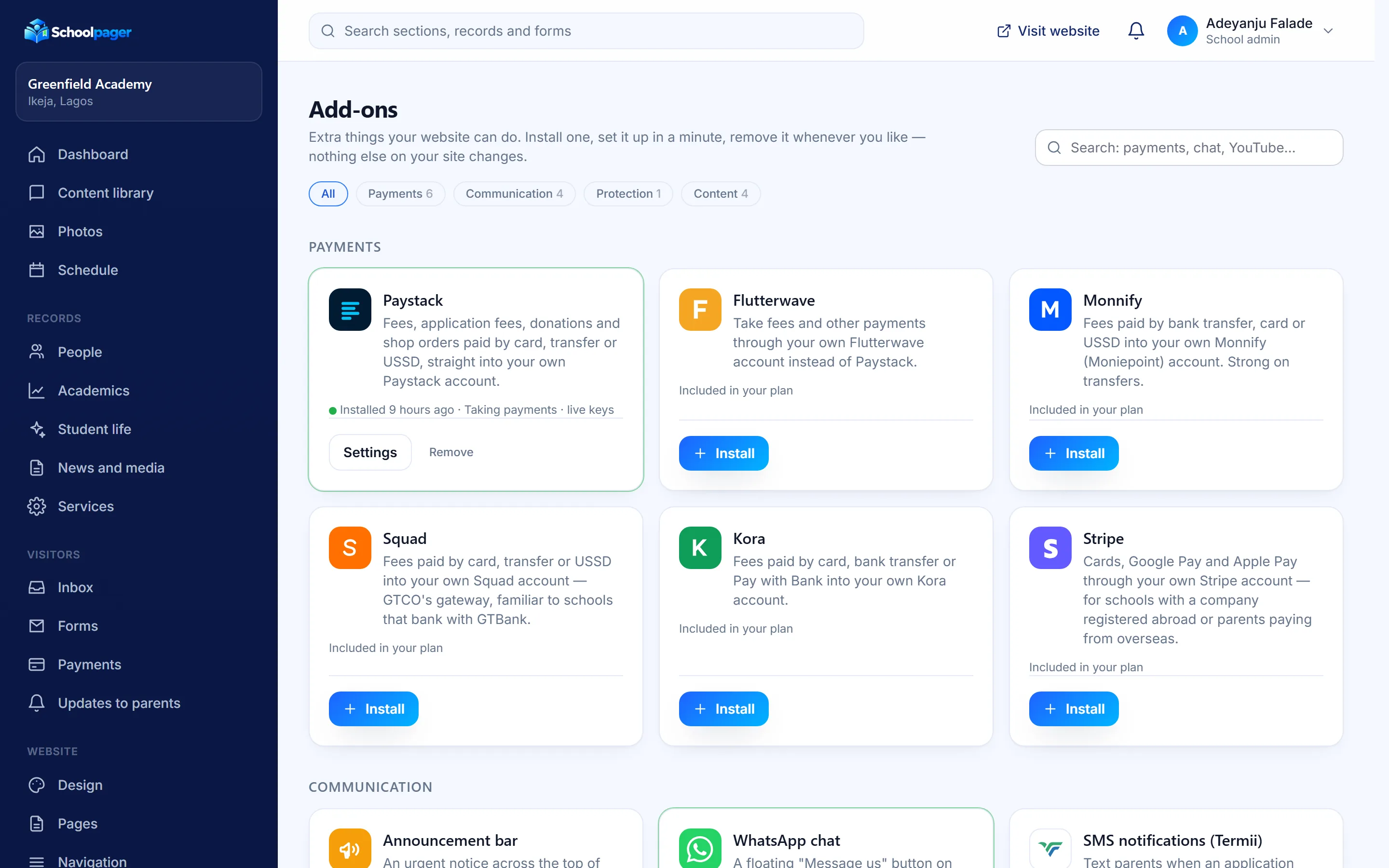 The Add-ons screen in the Schoolpager admin: a search box, category chips, and cards for Paystack, Flutterwave, Monnify, Squad, Kora, Stripe, the announcement bar, WhatsApp chat and SMS notifications
