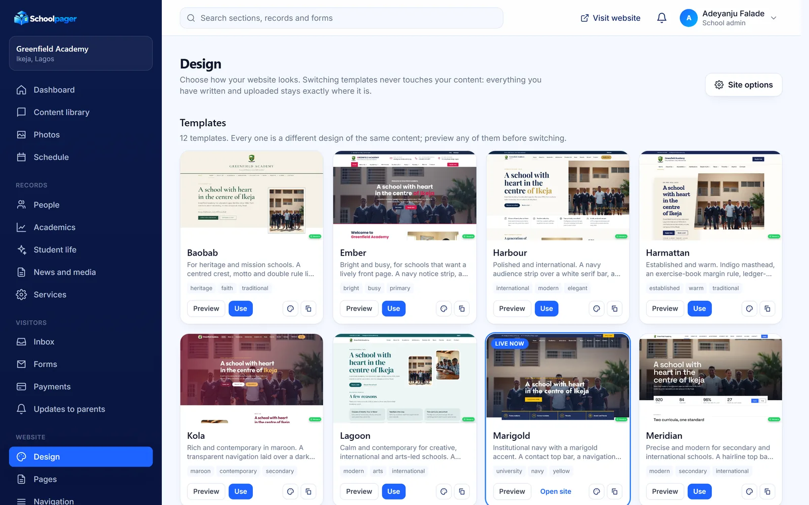 Website › Design in the admin: the template picker with real previews