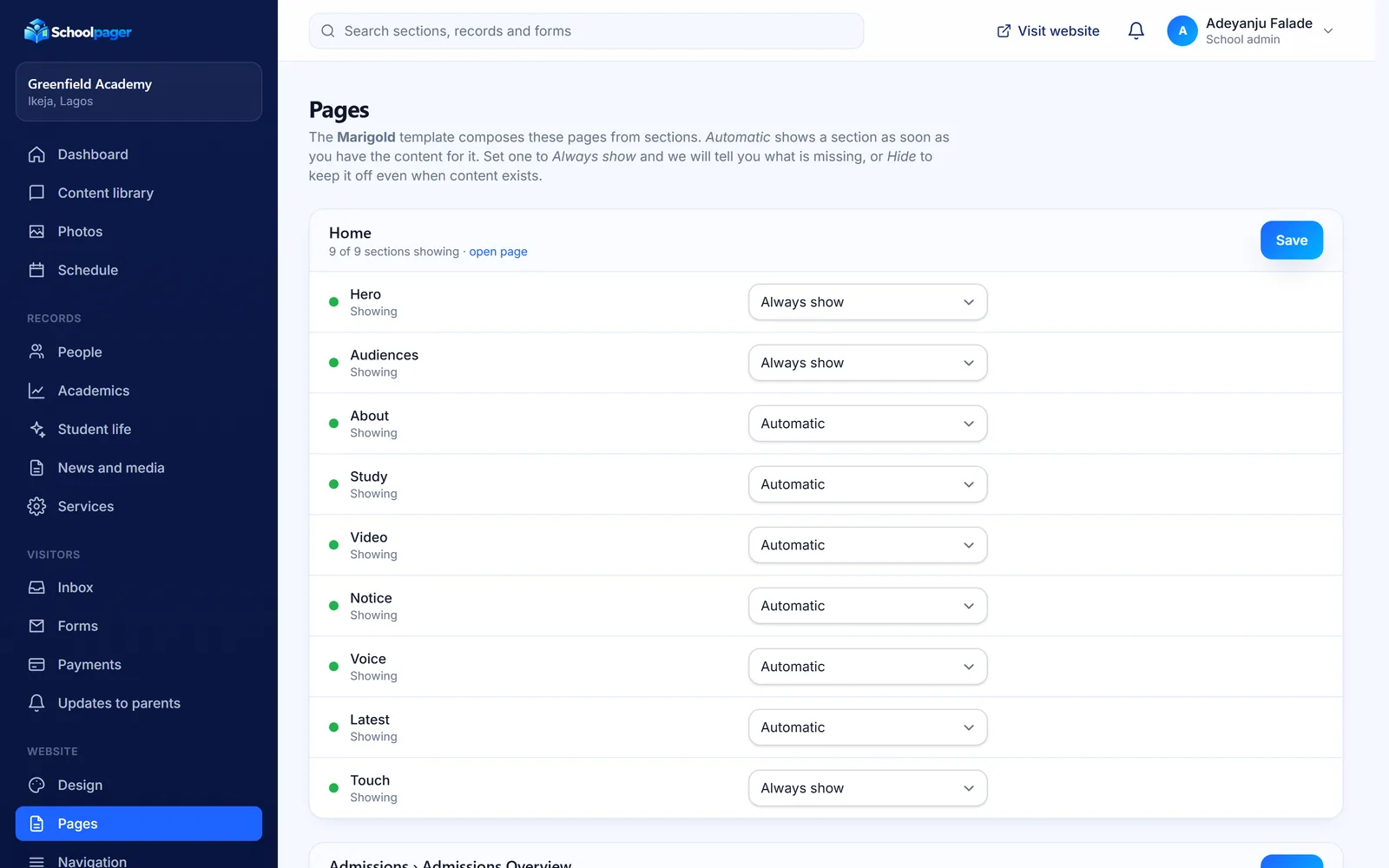 Website › Pages in the admin: sections toggled on and off with plain-English reasons
