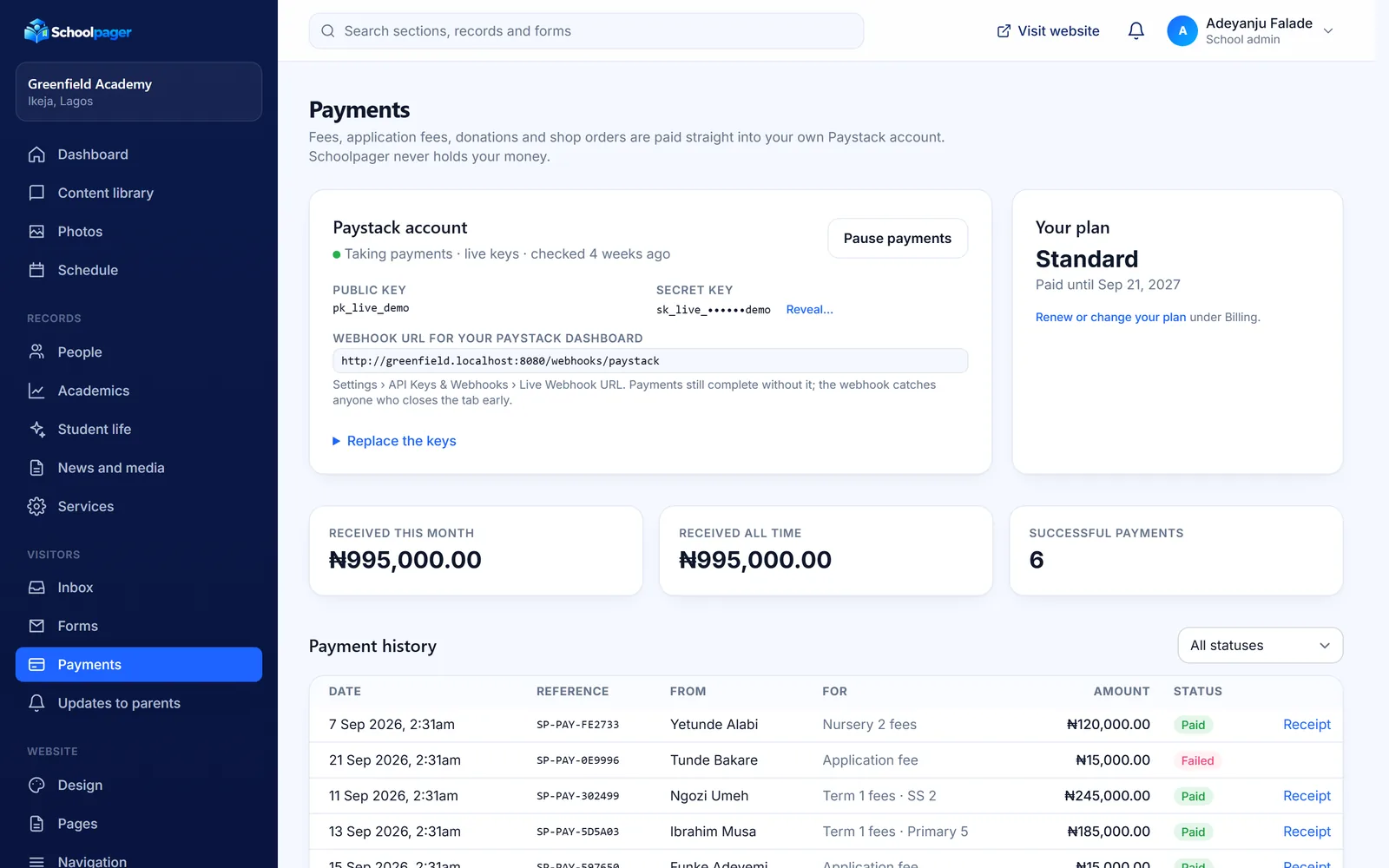 The Payments ledger in the Schoolpager admin with term fees and application fees paid through Paystack