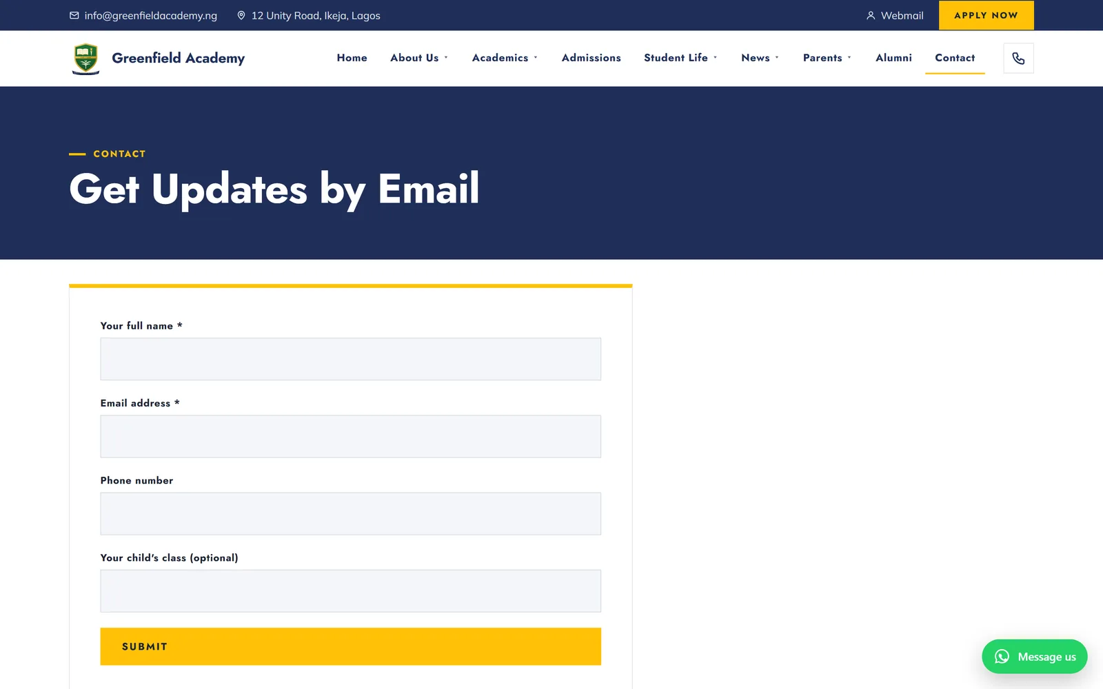 The Get Updates by Email page on a school website