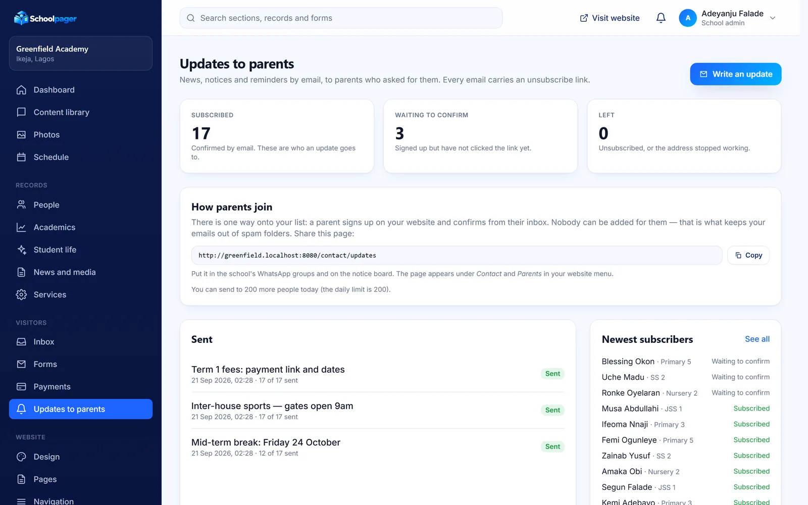 Updates to parents in the Schoolpager admin: 17 subscribed, sent notices, newest subscribers