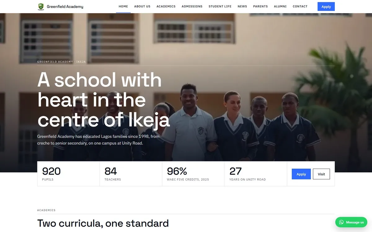 Greenfield Academy's home page on the Meridian design